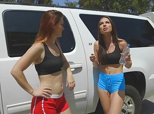 Sports bras and skimpy shorts on these hot lesbian pornstars