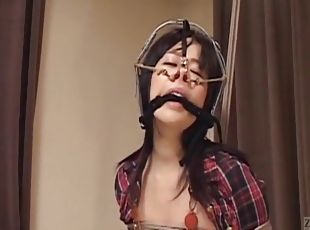 Subtitled bizarre CMNF Japanese nose hook BDSM spanking