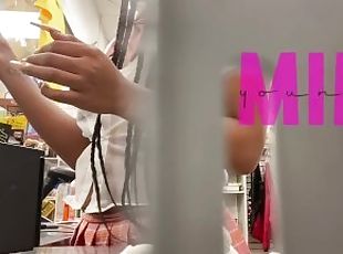 Mimi ringing customer up with slutty schoolgirl outfit on