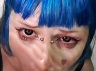 Blue-haired fairy makes sucking toy with ahegao and asks daddy to cum in her mouth