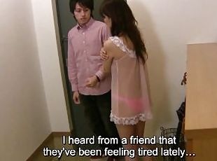 Bashful Japanese MILF answers door nearly naked leading to sex