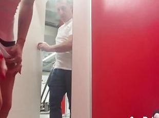 Sexy slut making blowjob to old stranger and drink his sperm in the dressing room of clothing store
