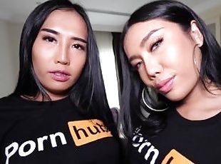 Two Asian shemale teens get together for a PornHub special threesome