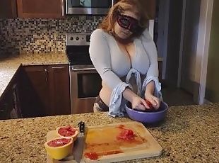 Slicing and crushing Food and RUBBING it into MY BIG MILF TITS