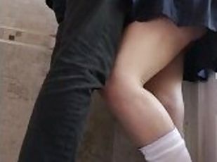 Girl in uniform fucked standing and creampied until pussy drips cum. Upskirt