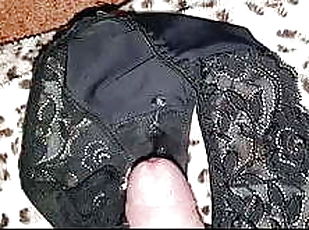 My mommy&#039;s black lace thongs covered by son&#039;s sper