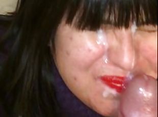 facial with red lips.....big cum on face.......
