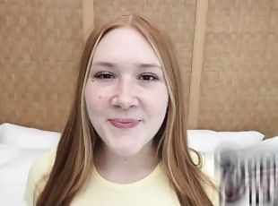 Redheaded teen with freckles and red pubic hair sucks cock