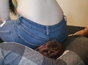 Facesitting him in jeans and handjob until he cums