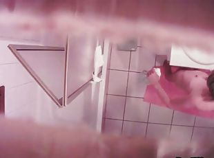 Spying hairy cougar in the shower on hidden cam