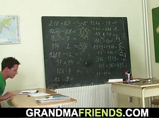60 yo granny teacher is pounded by two boys