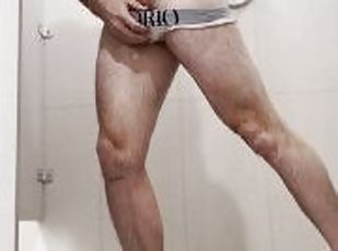 Athlete Jock Strips In His Armani Underwear In The Shower Wet And Hard