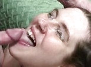 MASSIVE CUMSHOT IN SEXY BRUNETTE’S BLUE EYES AND FRECKLED FACE