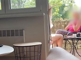 My husband is jerking off and cum in front of my mom a while we talk on balcony